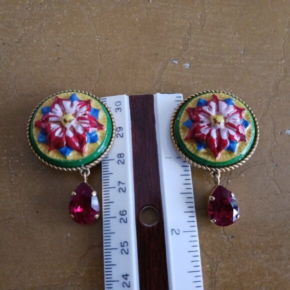 Dolce & Gabbana Red Green Yellow Green Flower Drop Dangle Clip On - Picture 2 of 5
